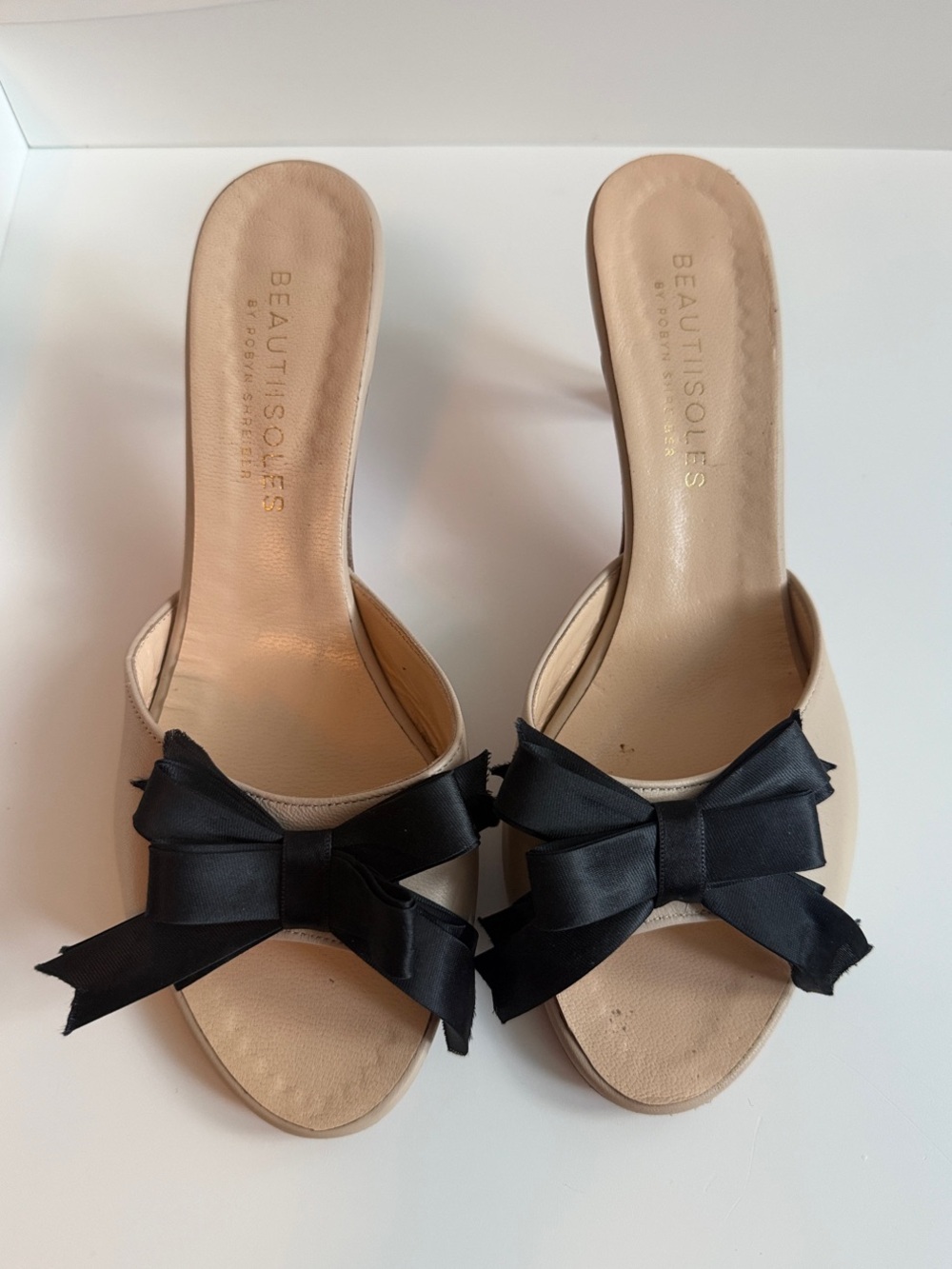 BeautiSolé Beige Slide Mules with Black Ribbon Bow